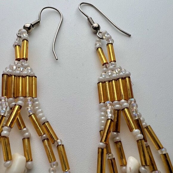 Handmade Gold & White Beaded Dangle Earrings Pierced Ears - Picture 5 of 7